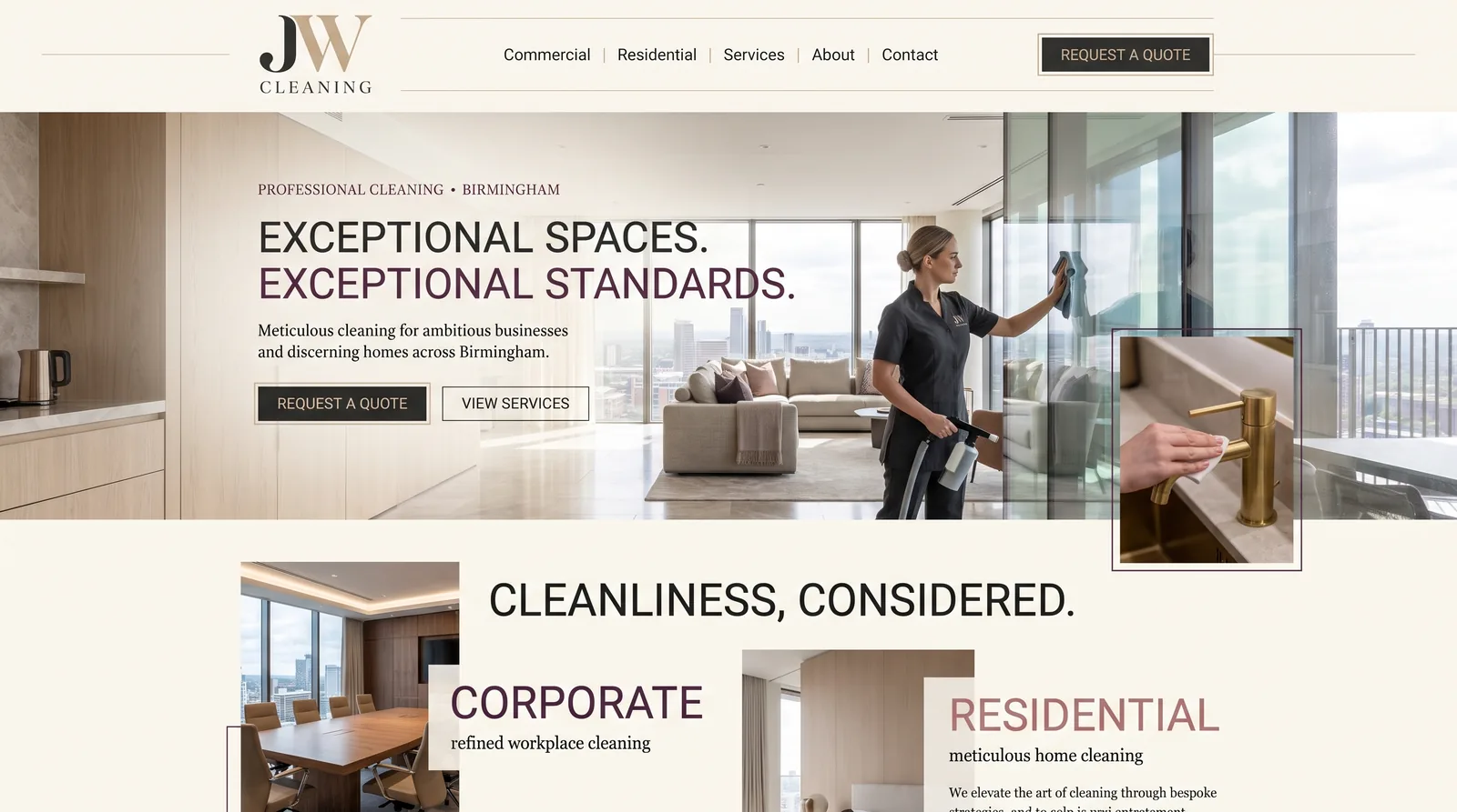 JW Cleaning website preview featuring a professional cleaner in a modern apartment