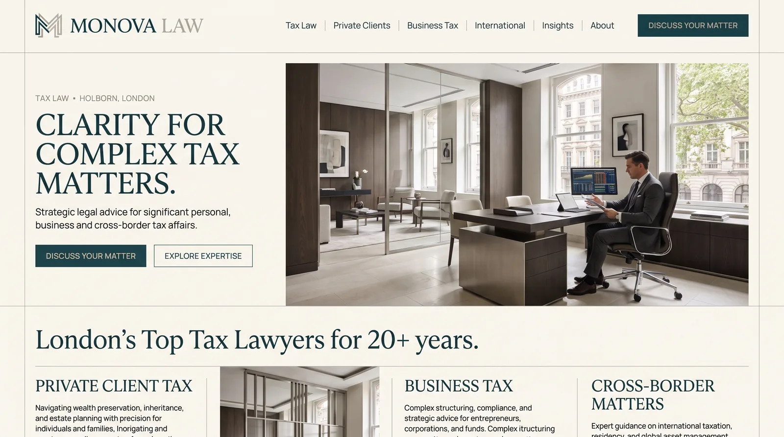 Monova Law website preview featuring a tax lawyer in a bright London office