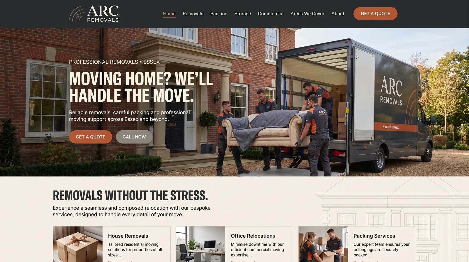 Arc Removals website preview with a moving team and removal van outside a house